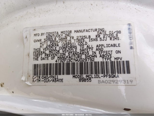 45313464 :رقم المزاد ، 4T3ZF13C7WU029792 vin ، 1998 Toyota Sienna Le مزاد بيع
