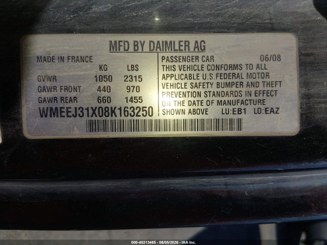 Aukcja sprzedaży 2008 Smart Fortwo Passion/pure, vin: WMEEJ31X08K163250, numer aukcji: 45313465