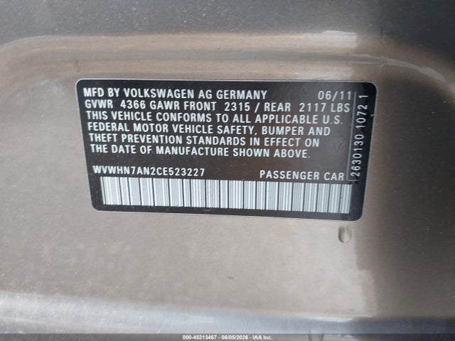 Aukcja sprzedaży 2012 Volkswagen Cc Lux Plus, vin: WVWHN7AN2CE523227, numer aukcji: 45313467