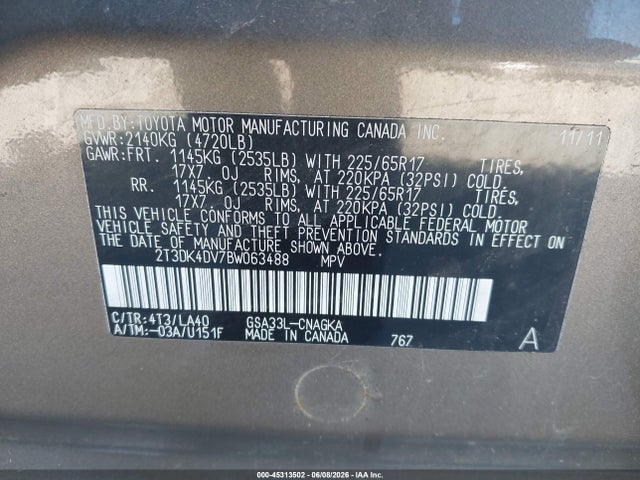 45313502 :رقم المزاد ، 2T3DK4DV7BW063488 vin ، 2011 Toyota Rav4 Limited V6 مزاد بيع
