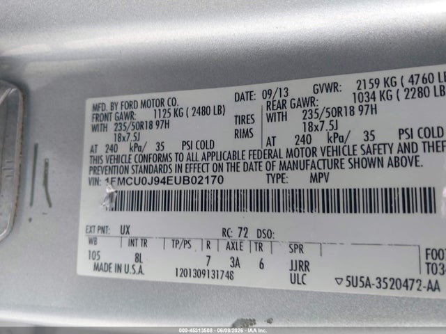 45313508 :رقم المزاد ، 1FMCU0J94EUB02170 vin ، 2014 Ford Escape Titanium مزاد بيع