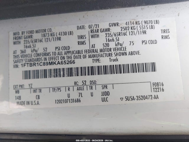 Продаж на аукціоні авто 2021 Ford Transit-250, vin: 1FTBR1C89MKA65266, номер лоту: 45313533