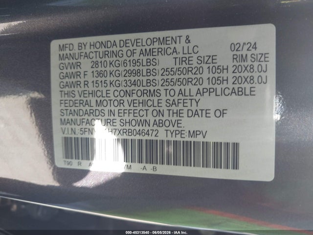 Honda Pilot Touring 2024 5FNYG1H7XRB046472 Image 9