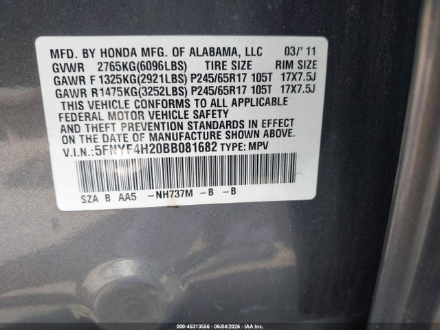 45313556 :رقم المزاد ، 5FNYF4H20BB081682 vin ، 2011 Honda Pilot Lx مزاد بيع