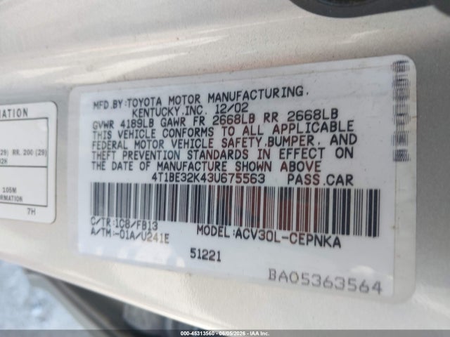 45313560 :رقم المزاد ، 4T1BE32K43U675563 vin ، 2003 Toyota Camry Le مزاد بيع