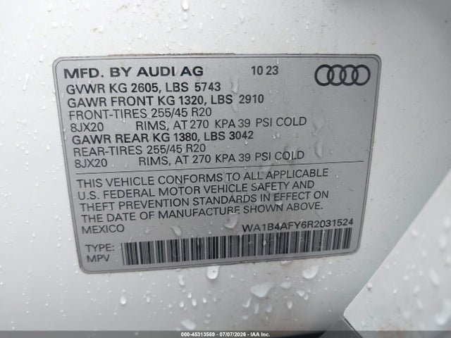Продаж на аукціоні авто 2024 Audi Sq5 Premium Plus Tfsi Quattro Tiptronic, vin: WA1B4AFY6R2031524, номер лоту: 45313569