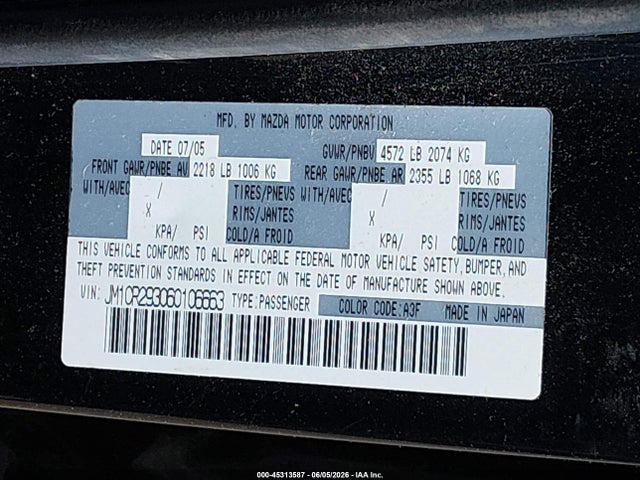 45313587 :رقم المزاد ، JM1CR293060106663 vin ، 2006 Mazda Mazda5 Sport مزاد بيع