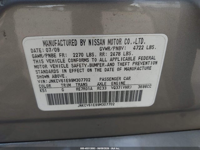 Продаж на аукціоні авто 2009 Infiniti G37 Journey, vin: JNKCV61E99M307702, номер лоту: 45313593
