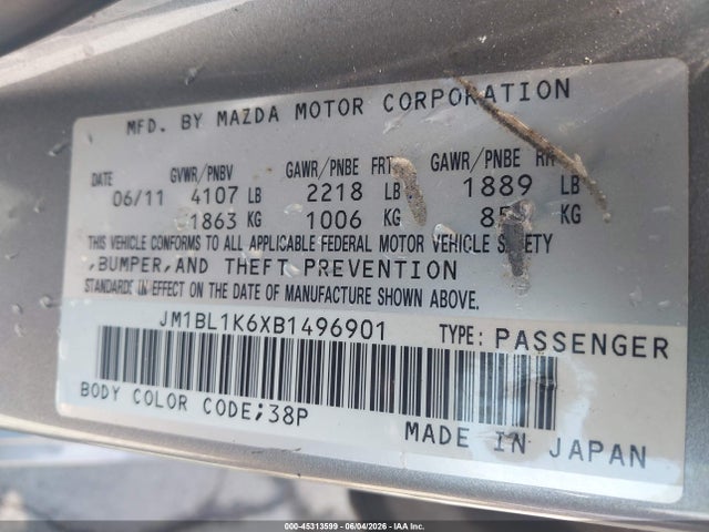 45313599 :رقم المزاد ، JM1BL1K6XB1496901 vin ، 2011 Mazda Mazda3 S Sport مزاد بيع
