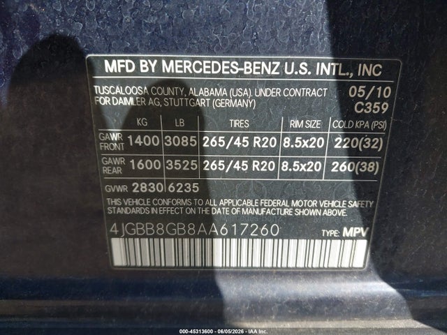 Aukcja sprzedaży 2010 Mercedes-benz Ml 350 4matic, vin: 4JGBB8GB8AA617260, numer aukcji: 45313600