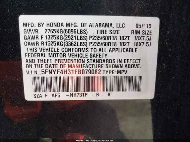 Honda PILOT SE 2015 5FNYF4H31FB079082 Image 9