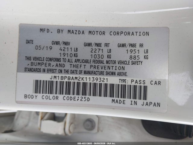 2019 Mazda Mazda3 Select Package მანქანა იყიდება აუქციონზე, vin: JM1BPBAM2K1139321, აუქციონის ნომერი: 45313605