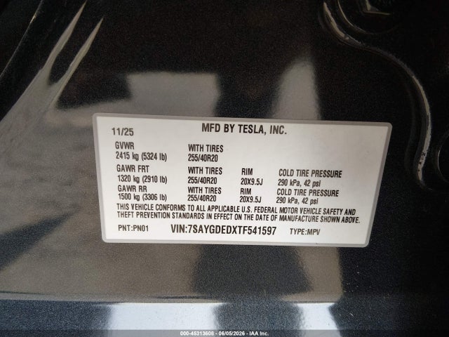 45313608 :رقم المزاد ، 7SAYGDEDXTF541597 vin ، 2026 Tesla Model Y Premium Rear-wheel Drive/rear-wheel Drive مزاد بيع