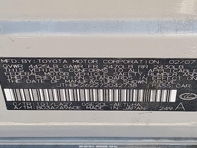 Продаж на аукціоні авто 2007 Lexus Is 250, vin: JTHBK262272042738, номер лоту: 45313613
