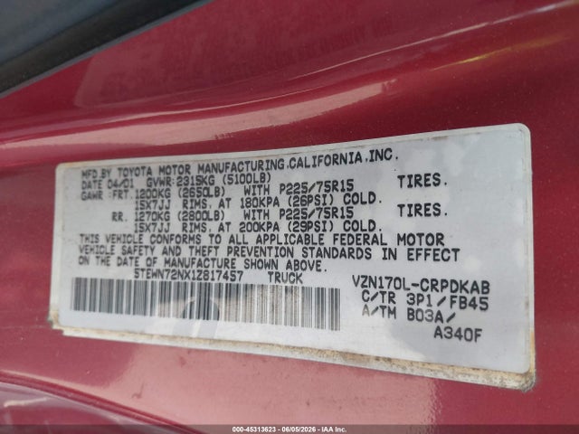 Auction sale of the 2001 Toyota Tacoma Base V6, vin: 5TEWN72NX1Z817457, lot number: 45313623