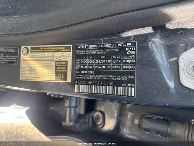 45313630 :رقم المزاد ، 4JGDA5HBXCA015200 vin ، 2012 Mercedes-benz Ml 350 4matic مزاد بيع