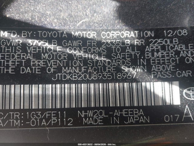 45313632 :رقم المزاد ، JTDKB20U893518967 vin ، 2009 Toyota Prius Standard مزاد بيع