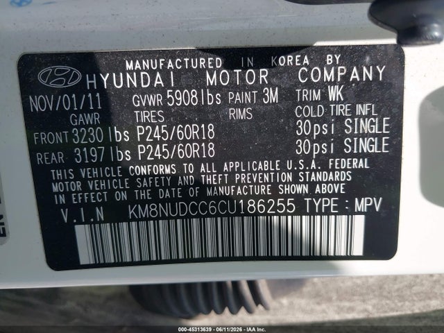 Aukcja sprzedaży 2012 Hyundai Veracruz Limited, vin: KM8NUDCC6CU186255, numer aukcji: 45313639