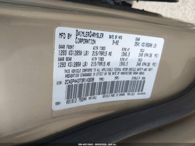 Продаж на аукціоні авто 2003 Chrysler Town & Country Lx, vin: 2C4GP44373R143690, номер лоту: 45313642