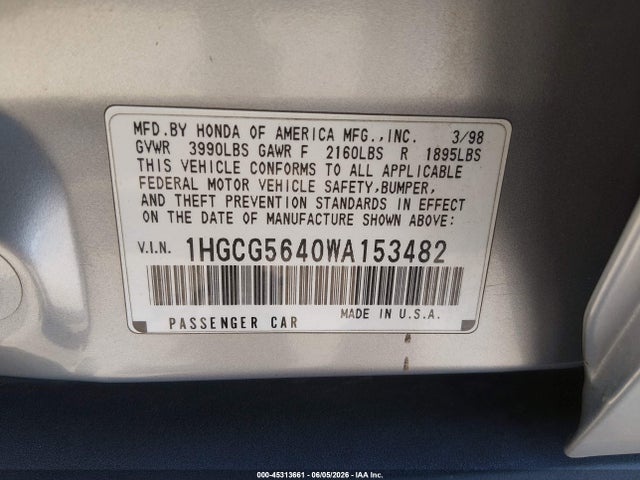 Продажа на аукционе авто 1998 Honda Accord Lx, vin: 1HGCG5640WA153482, номер лота: 45313661