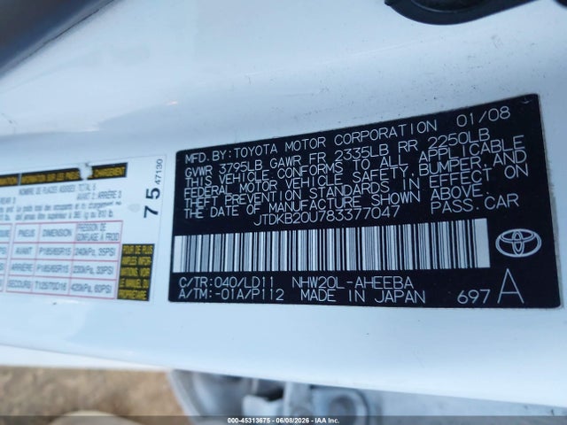 Aukcja sprzedaży 2008 Toyota Prius, vin: JTDKB20U783377047, numer aukcji: 45313675