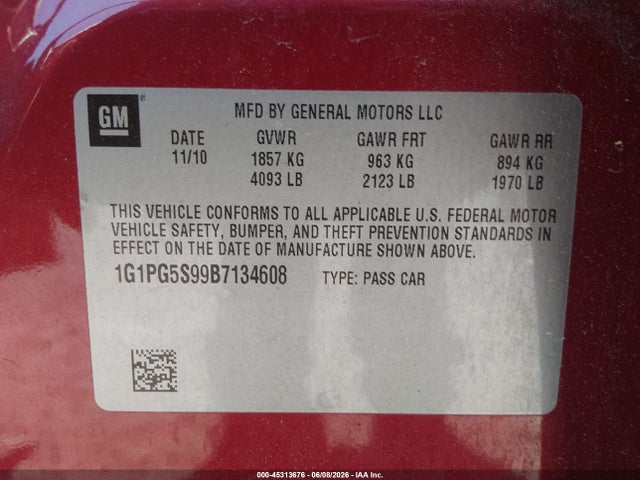Aukcja sprzedaży 2011 Chevrolet Cruze 2lt, vin: 1G1PG5S99B7134608, numer aukcji: 45313676