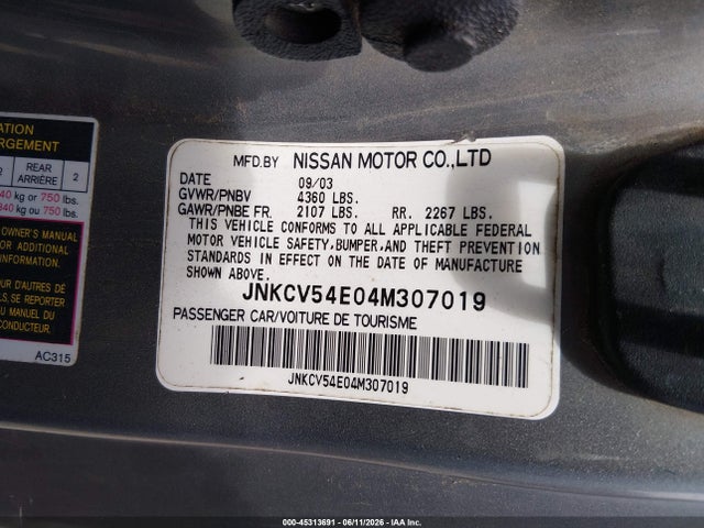 Aukcja sprzedaży 2004 Infiniti G35, vin: JNKCV54E04M307019, numer aukcji: 45313691