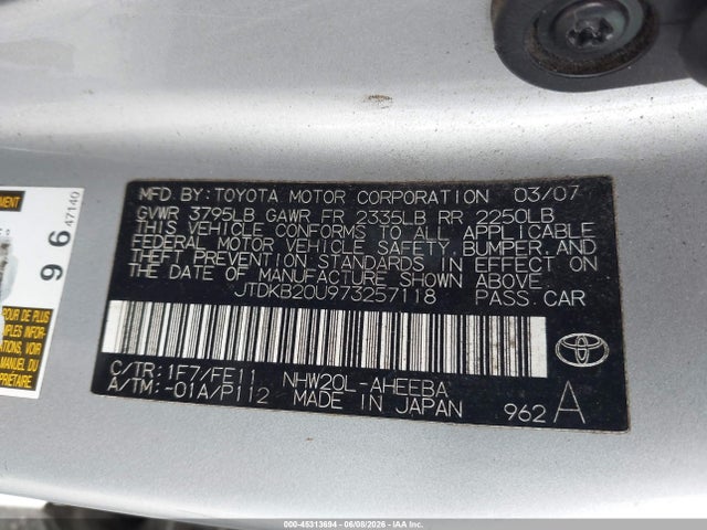 Aukcja sprzedaży 2007 Toyota Prius Touring, vin: JTDKB20U973257118, numer aukcji: 45313694