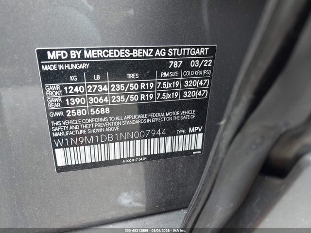 45313696 :رقم المزاد ، W1N9M1DB1NN007944 vin ، 2022 Mercedes-benz Eqb 350 Suv 4matic مزاد بيع