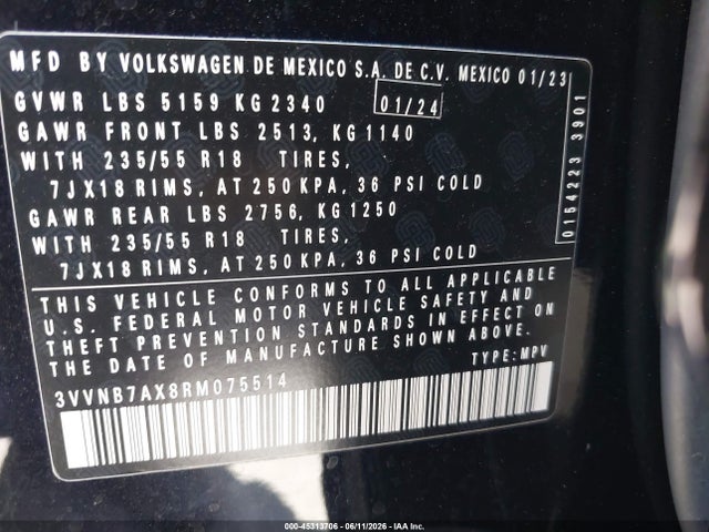 3VVNB7AX8RM075514 Volkswagen Tiguan 2.0t Se/2.0t Wolfsburg Edition