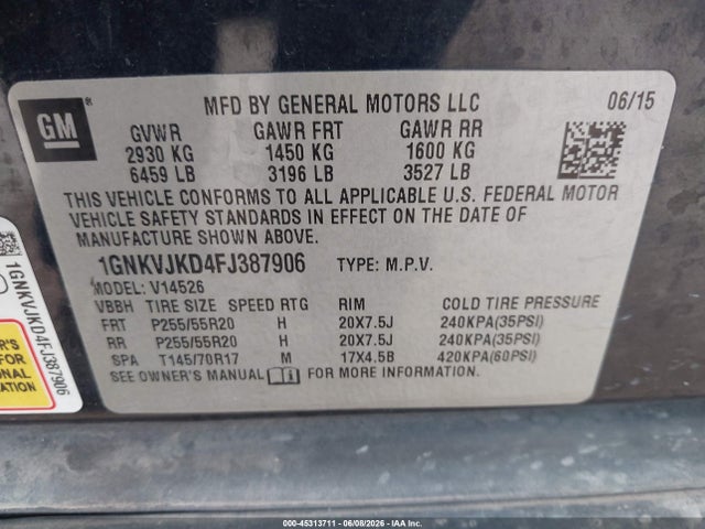 Aukcja sprzedaży 2015 Chevrolet Traverse Ltz, vin: 1GNKVJKD4FJ387906, numer aukcji: 45313711