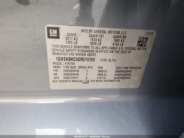 1GNSKBKC6GR219760 Chevrolet Tahoe Lt
