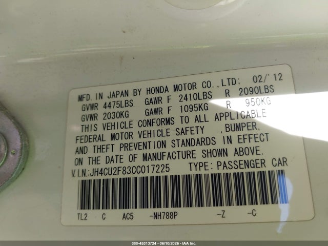 Aukcja sprzedaży 2012 Acura Tsx 2.4, vin: JH4CU2F83CC017225, numer aukcji: 45313724
