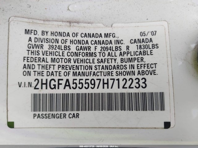 2007 Honda Civic Si მანქანა იყიდება აუქციონზე, vin: 2HGFA55597H712233, აუქციონის ნომერი: 45313725