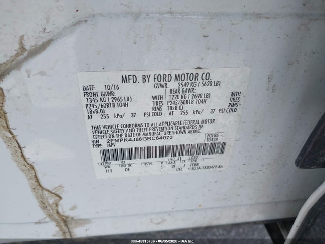 Aukcja sprzedaży 2016 Ford Edge Sel, vin: 2FMPK4J86GBC64073, numer aukcji: 45313736