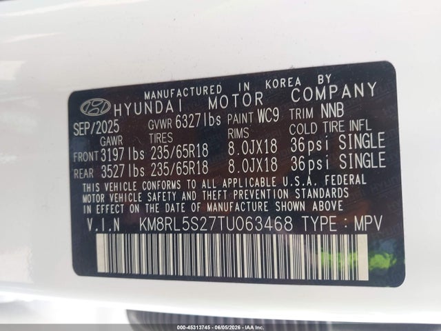45313745 :رقم المزاد ، KM8RL5S27TU063468 vin ، 2026 Hyundai Palisade Sel 7p مزاد بيع