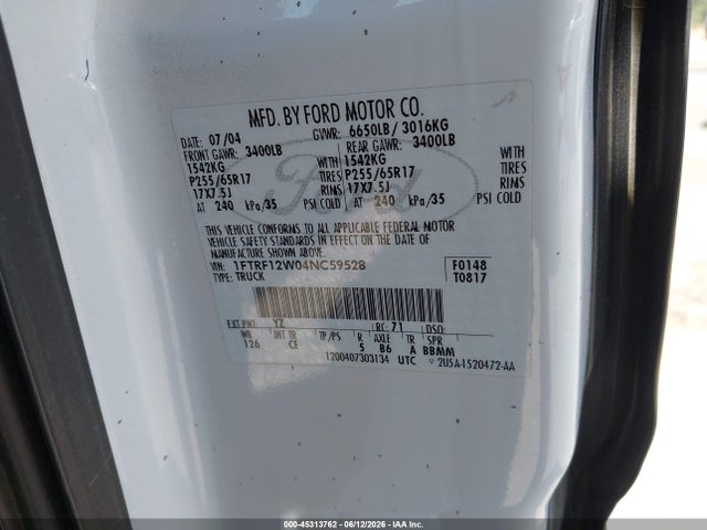 Продажа на аукционе авто 2004 Ford F-150 Stx/xl/xlt, vin: 1FTRF12W04NC59528, номер лота: 45313762