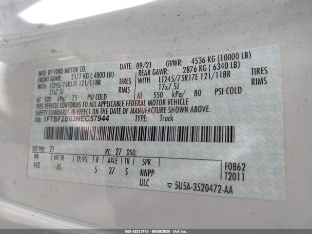 Aukcja sprzedaży 2022 Ford F-250 Xl, vin: 1FTBF2B63NEC57944, numer aukcji: 45313764