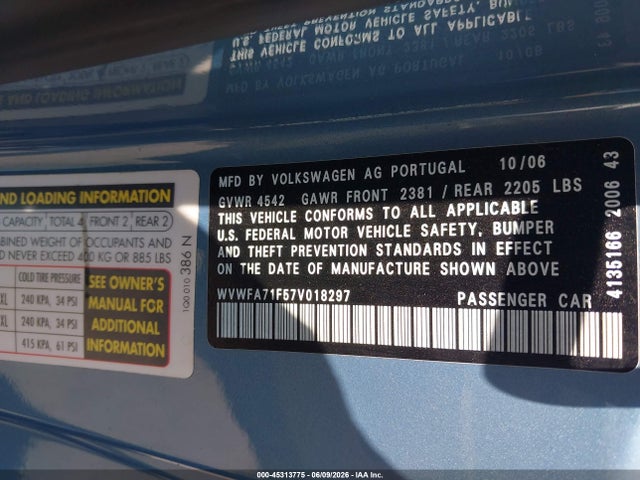 Продажа на аукционе авто 2007 Volkswagen Eos 2.0t, vin: WVWFA71F57V018297, номер лота: 45313775