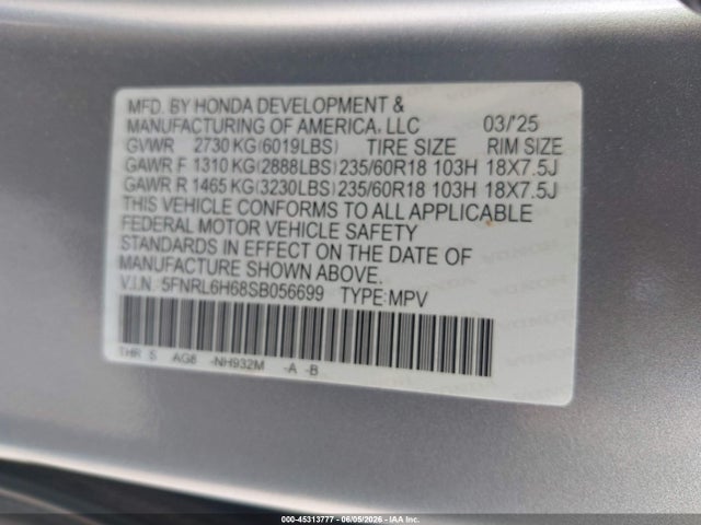 Aukcja sprzedaży 2025 Honda Odyssey Ex-l, vin: 5FNRL6H68SB056699, numer aukcji: 45313777
