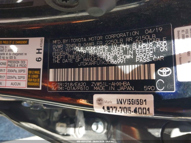 JTDKARFU1K3086991 Toyota PRIUS XLE