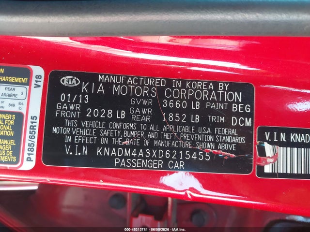 Aukcja sprzedaży 2013 Kia Rio Lx, vin: KNADM4A3XD6215455, numer aukcji: 45313781