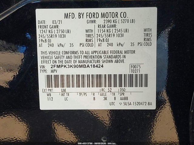 Продаж на аукціоні авто 2021 Ford Edge Titanium, vin: 2FMPK3K90MBA18424, номер лоту: 45313790