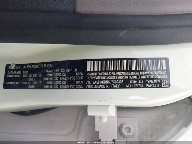 2020 Alfa Romeo Stelvio Ti Awd მანქანა იყიდება აუქციონზე, vin: ZASPAKBN6L7C92398, აუქციონის ნომერი: 45313792