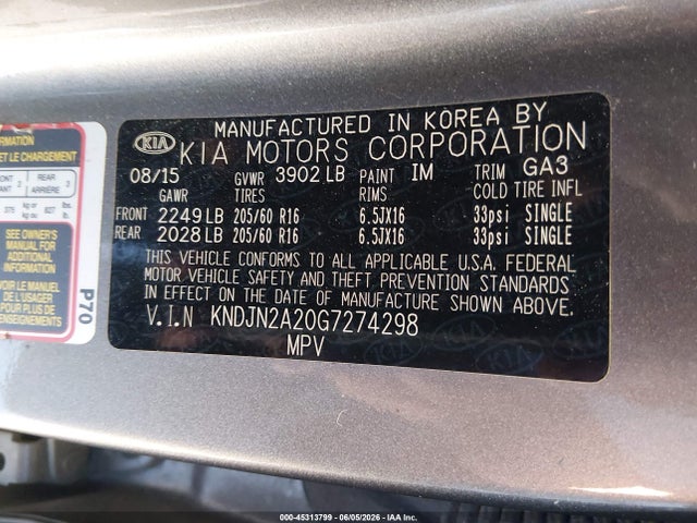 Aukcja sprzedaży 2016 Kia Soul, vin: KNDJN2A20G7274298, numer aukcji: 45313799