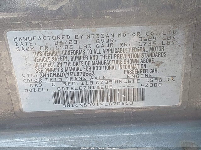 45313801 :رقم المزاد ، 3N1CN8DV1PL870553 vin ، 2023 Nissan Versa 1.6 S Xtronic Cvt مزاد بيع