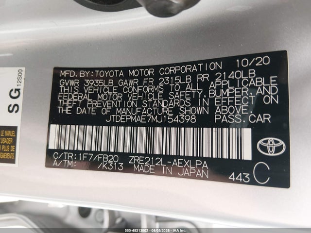 JTDEPMAE7MJ154398 Toyota COROLLA LE