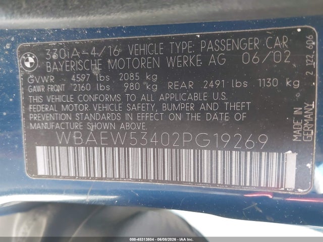 Aukcja sprzedaży 2002 Bmw 330xi, vin: WBAEW53402PG19269, numer aukcji: 45313804