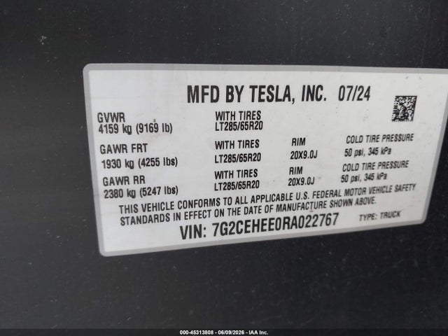 Продажа на аукционе авто 2024 Tesla Cybertruck Cyberbeast, vin: 7G2CEHEE0RA022767, номер лота: 45313808