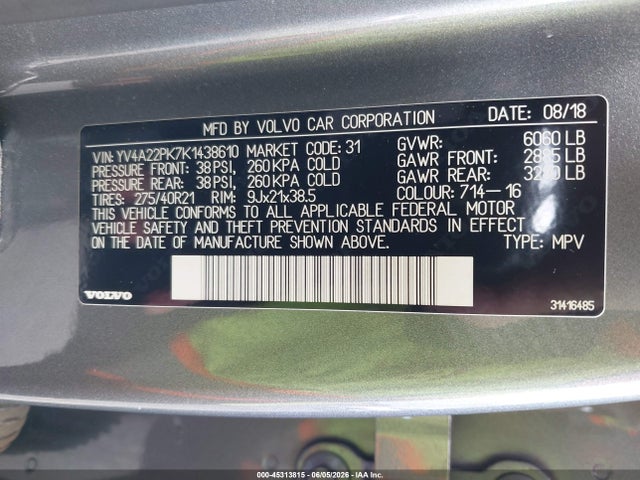 YV4A22PK7K1438610 Volvo Xc90 T6 Momentum